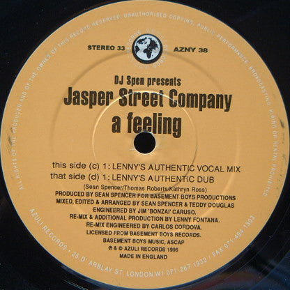 DJ Spen Presents Jasper Street Company* : A Feeling (2x12")