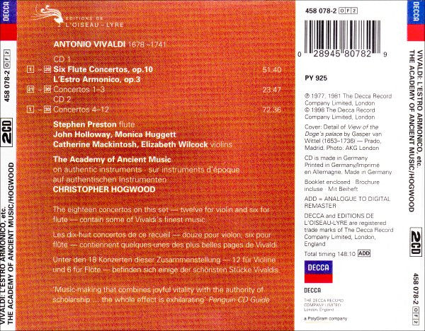 Antonio Vivaldi, The Academy Of Ancient Music, Christopher Hogwood : L'Estro Armonico / 6 Flute Concertos, Op.10 (2xCD, Comp)