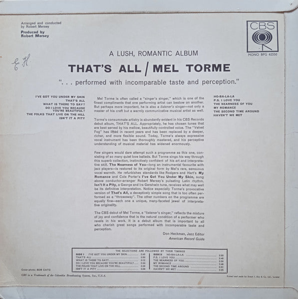 Mel Tormé : A Lush, Romantic Album That's All (LP, Mono)