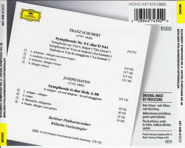 Franz Schubert / Joseph Haydn : Berliner Philharmoniker, Wilhelm Furtwängler : Symphonie No. 9 / Symphonie No. 88 (CD, Album, Mono, RE, RM)