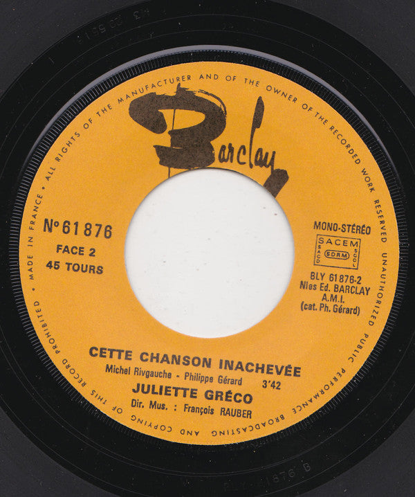 Juliette Gréco : Le Naufragé / Cette Chanson Inachevee (7", Single)