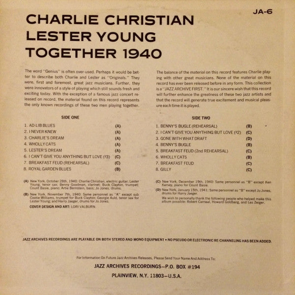 Charlie Christian, Lester Young : Charlie Christian / Lester Young "Together 1940" (LP, Album)
