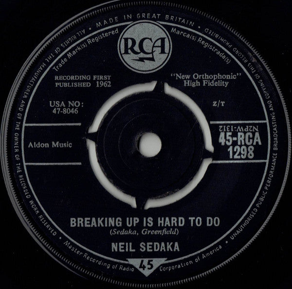 Neil Sedaka : Breaking Up Is Hard To Do (7", Single)