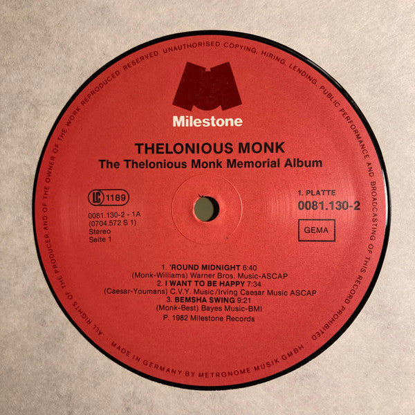 Thelonious Monk : The Thelonious Monk Memorial Album (2xLP, Comp, Gat)