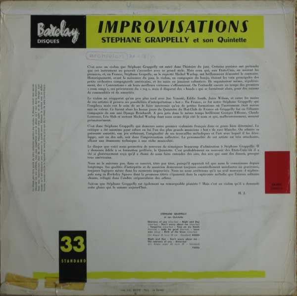 Stephane Grappelly And His Quintet : Improvisations (LP, Album)
