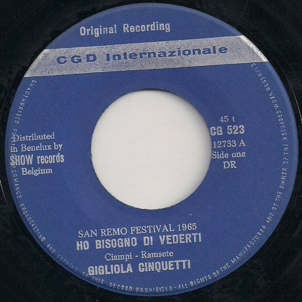 Gigliola Cinquetti : Ho Bisogno Di Vederti (7", Single)