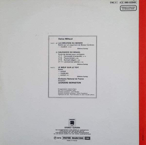 Darius Milhaud · Leonard Bernstein · Orchestre National De France : La Création Du Monde / Le Bœuf Sur Le Toit / Saudades Do Brasil  (Quatre Dances) (LP, Album, Quad, RE, Gat)