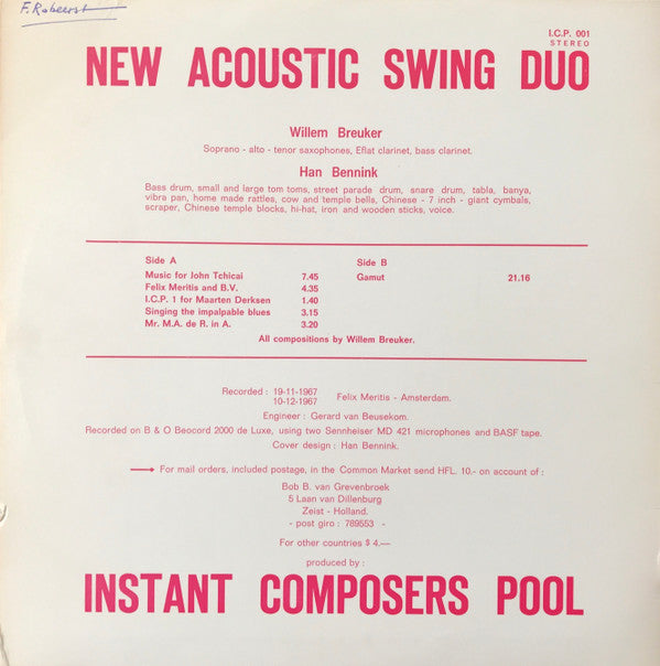 Han Bennink / Willem Breuker : New Acoustic Swing Duo (LP, Album, pin)