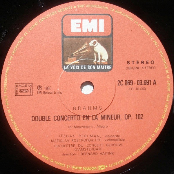 Johannes Brahms — Itzhak Perlman, Mstislav Rostropovich, Concertgebouworkest, Bernard Haitink : Brahms: Double Concerto (LP)