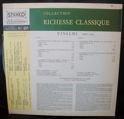 Antonio Vivaldi - Kammerorchester Des Saarländischen Rundfunks, Saarbrücken , Direction : Karl Ristenpart : Vivaldi (Concertos) (LP, RE)