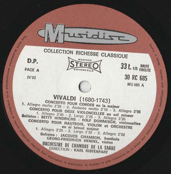 Antonio Vivaldi - Kammerorchester Des Saarländischen Rundfunks, Saarbrücken , Direction : Karl Ristenpart : Vivaldi (Concertos) (LP, RE)