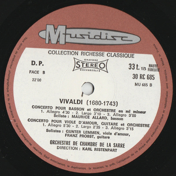 Antonio Vivaldi - Kammerorchester Des Saarländischen Rundfunks, Saarbrücken , Direction : Karl Ristenpart : Vivaldi (Concertos) (LP, RE)