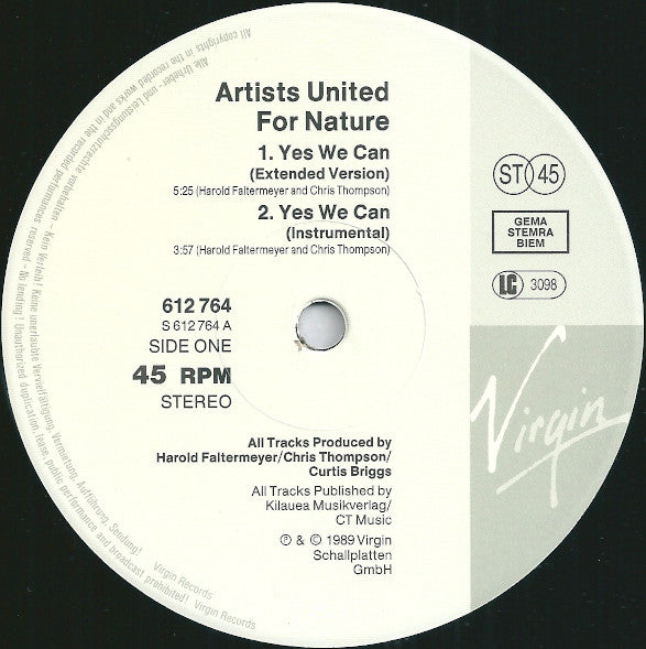Artists United For Nature : Yes We Can (12", Maxi)