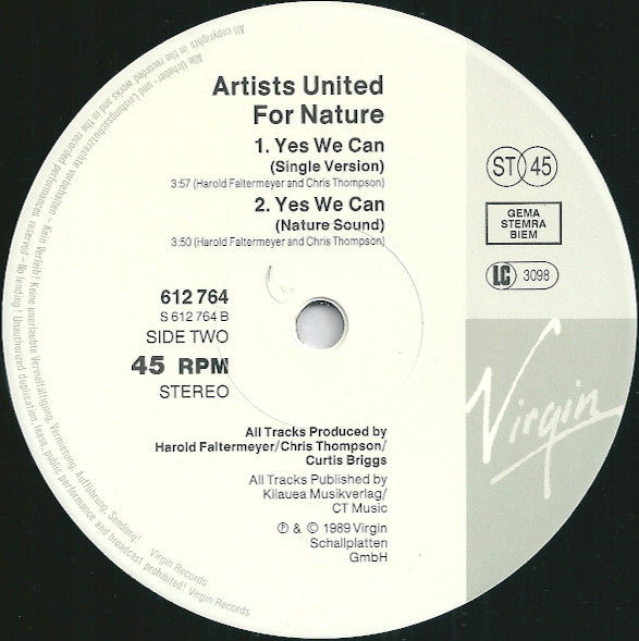 Artists United For Nature : Yes We Can (12", Maxi)