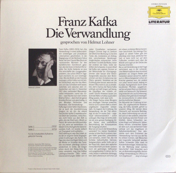 Franz Kafka Gesprochen Von Helmuth Lohner : Die Verwandlung (LP)