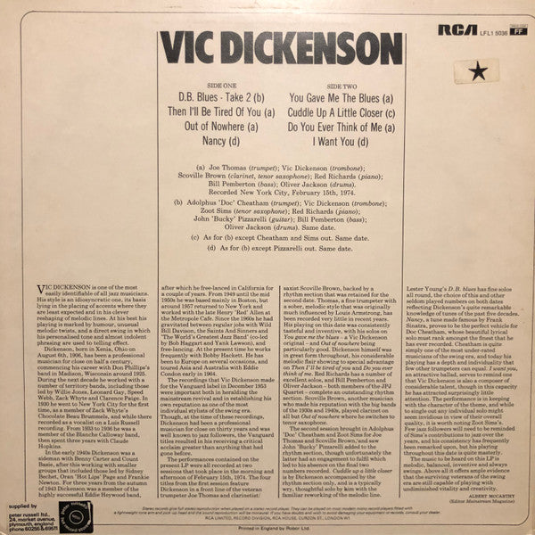 Vic Dickenson, Joe Thomas (4), Scoville Brown, Red Richards, Bill Pemberton, Oliver Jackson, Bucky Pizzarelli, Zoot Sims, Doc Cheatham : Vic Dickenson (LP, Album)