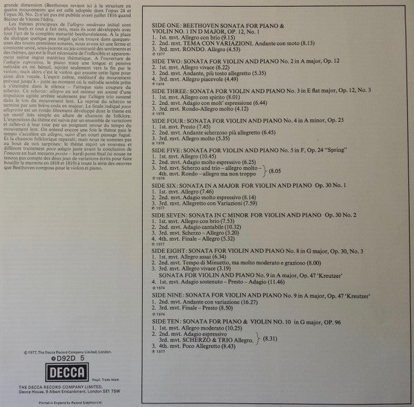 Ludwig Van Beethoven, Itzhak Perlman, Vladimir Ashkenazy : The Sonatas For Violin And Piano (5xLP + Box)