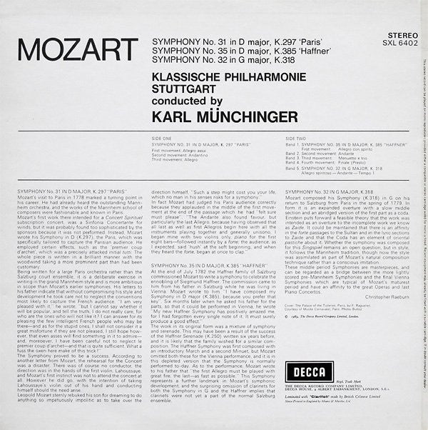 Wolfgang Amadeus Mozart, Klassische Philharmonie Stuttgart, Karl Münchinger : Symphony No. 31 In D, K.297 'Paris' / Symphony No. 35 In D, K.385 'Haffner' / Symphony No. 32 In G, K.318 (LP)