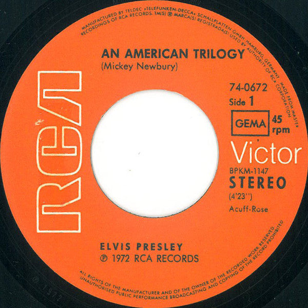 Elvis Presley : An American Trilogy (7", Single)