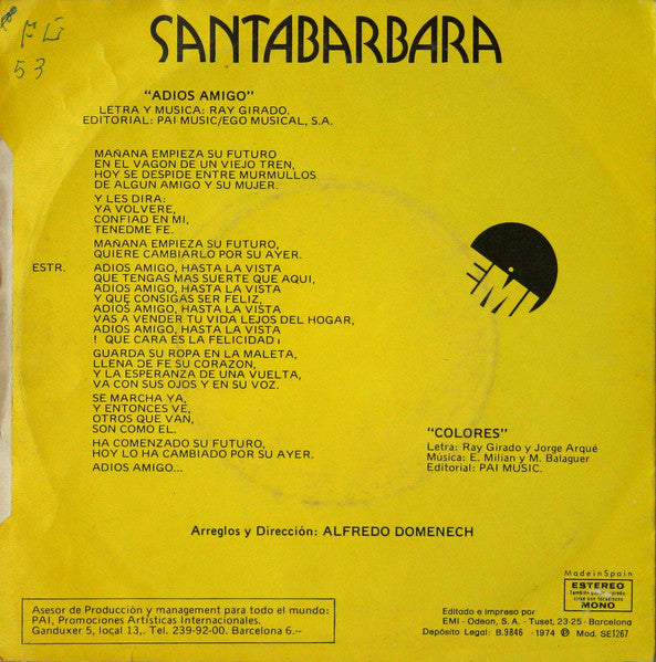 Santabárbara* : Adios Amigo / Colores (7", Single)