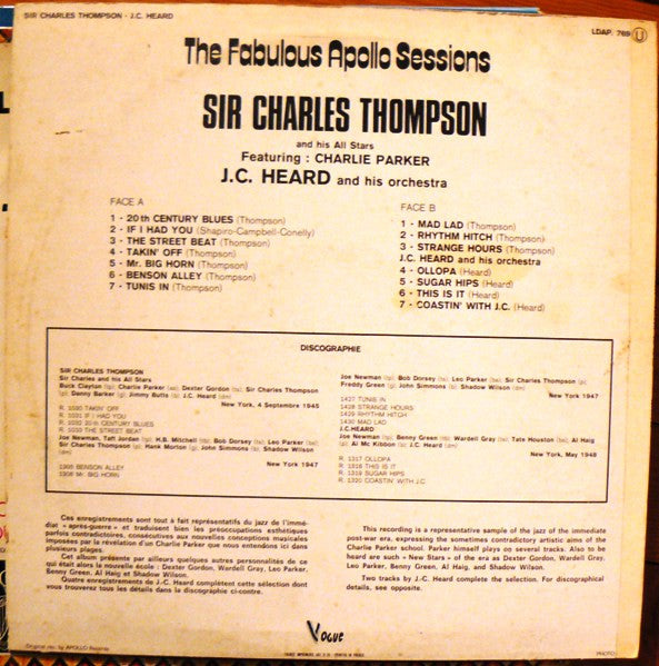 Sir Charles And His All Stars Featuring: Charlie Parker / J.C. Heard And His Orchestra : The Fabulous Apollo Sessions (LP)