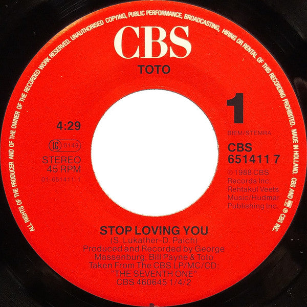 Toto : Stop Loving You (7", Single)