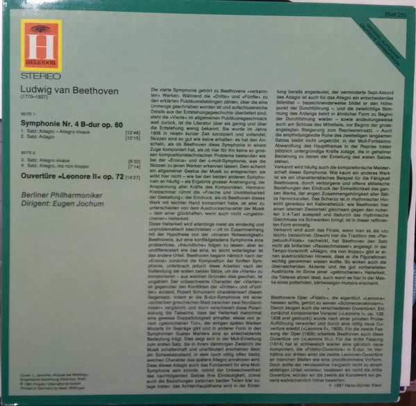 Ludwig van Beethoven – Berliner Philharmoniker - Eugen Jochum : Symphony No.4, ”Leonora No.2“ (LP)
