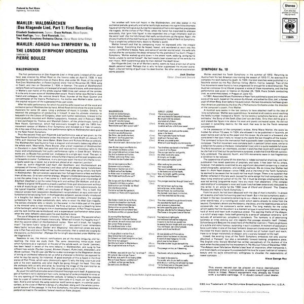 Gustav Mahler, Pierre Boulez, Elisabeth Söderström, Grace Hoffman, Ernst Haefliger, Gerd Nienstedt, London Symphony Chorus, London Symphony Orchestra : Waldmärchen (Das Klagende Lied Part 1) / Adagio From Symphony No. 10 (LP)