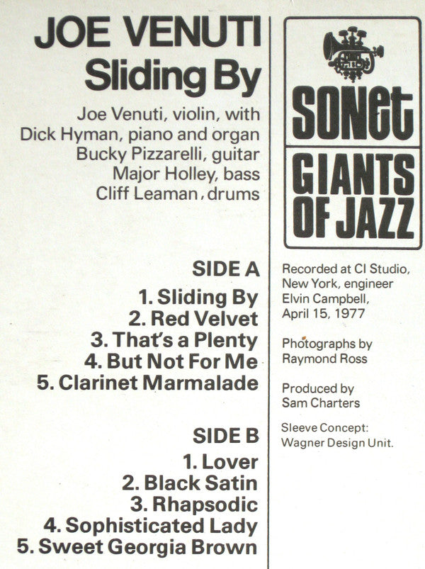 Joe Venuti With Dick Hyman & Bucky Pizzarelli : Sliding By (LP, Album)