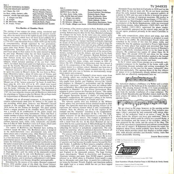 Johann Nepomuk Hummel / Alexander Ernst Fesca, Collegium Con Basso : "Grand Military Septet" In C Major, Op. 114 / Septet No. 1, Op. 26 (LP)