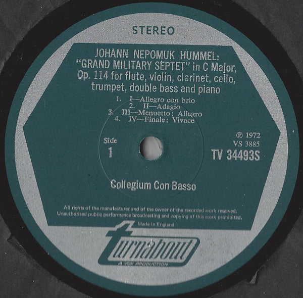 Johann Nepomuk Hummel / Alexander Ernst Fesca, Collegium Con Basso : "Grand Military Septet" In C Major, Op. 114 / Septet No. 1, Op. 26 (LP)
