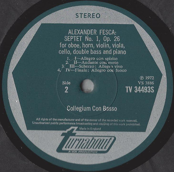 Johann Nepomuk Hummel / Alexander Ernst Fesca, Collegium Con Basso : "Grand Military Septet" In C Major, Op. 114 / Septet No. 1, Op. 26 (LP)