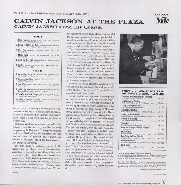 The Calvin Jackson Quartet : Calvin Jackson At The Plaza  (LP, Album, Mono, RE)