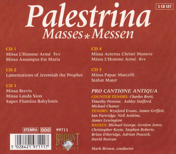 Giovanni Pierluigi da Palestrina, Pro Cantione Antiqua : Masses🞰Messen (5xCD + Box, Comp)