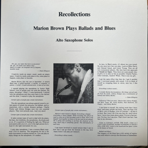 Marion Brown : Recollections - Ballads And Blues For Alto Saxophone (LP, Album)