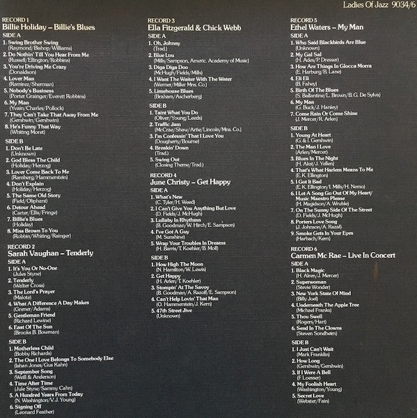 Billie Holiday, Sarah Vaughan, Ella Fitzgerald, June Christy, Carmen McRae, Ethel Waters : Ladies Of Jazz  (Box, Comp + LP, Comp + LP, Album + LP, Album + LP,)