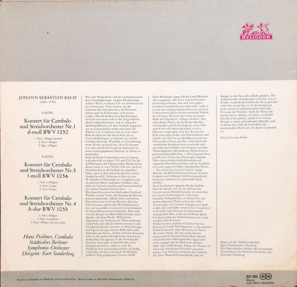Johann Sebastian Bach - Kurt Sanderling - Hans Pischner - Berliner Sinfonie Orchester : 3 Cembalokonzerte  BWV 1052, 1056, 1055 (LP, Album)