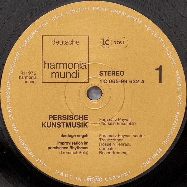 Faramarz Payvar Und Sein Ensemble* : Persische Kunstmusik (LP, Album, RE)
