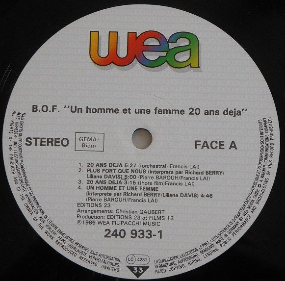 Francis Lai : Un Homme Et Une Femme Vingt Ans Déjà (Bande Originale Du Film) (LP, Album)