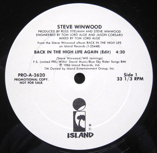 Steve Winwood : Back In The High Life Again (12", Promo)