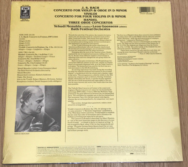 Johann Sebastian Bach / Antonio Vivaldi / Georg Friedrich Händel - Yehudi Menuhin, Leon Goossens, Bath Festival Orchestra : Concerto For Violin & Oboe In D Minor / Concerto For Four Violins In B Minor / Three Oboe Concertos (LP, RM)