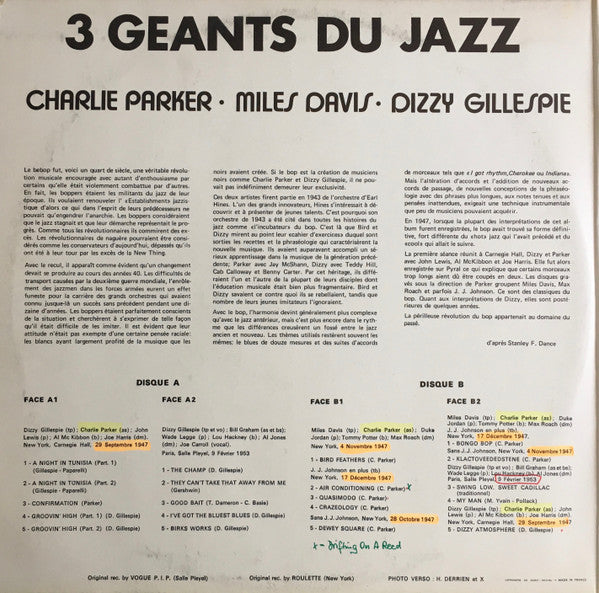 Charlie Parker - Miles Davis - Dizzy Gillespie : 3 Géants Du Jazz (2xLP, Comp)
