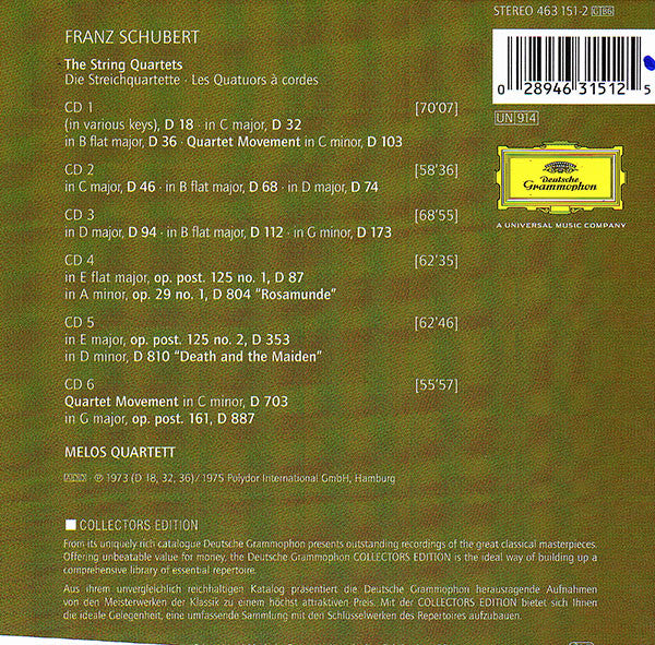 Franz Schubert, Melos Quartett : The String Quartets (6xCD, Comp, RM + Box)