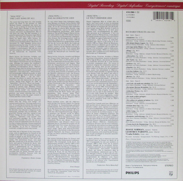 Richard Strauss - Jessye Norman, Geoffrey Parsons (2) : Lieder (LP)
