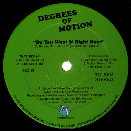 Degrees Of Motion Featuring Biti* : Do You Want It Right Now (12")