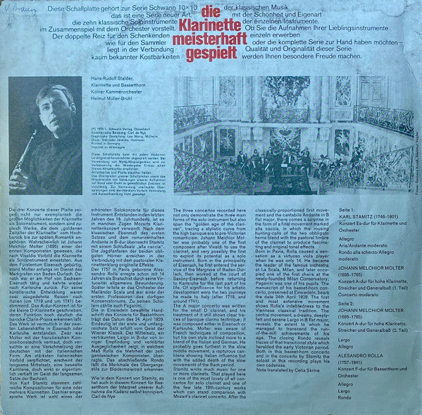 Kölner Kammerorchester, Helmut Müller-Brühl, Hans-Rudolf Stalder : Die Klarinette, Meisterhaft Gespielt (LP)