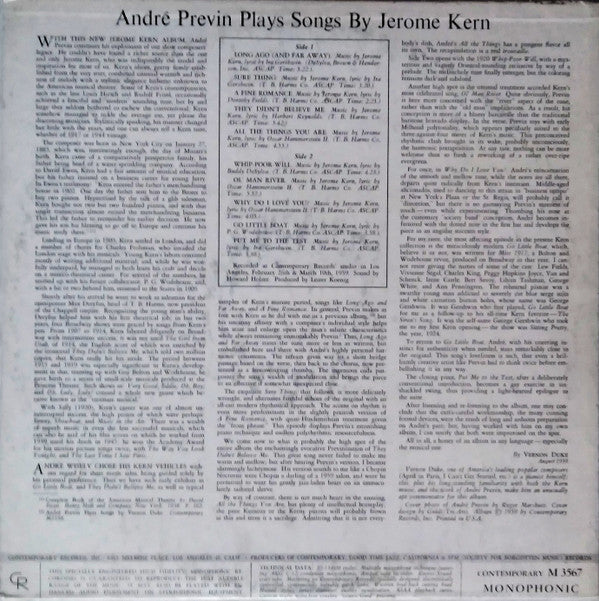 André Previn : André Previn Plays Songs By Jerome Kern (LP, Album, Mono)