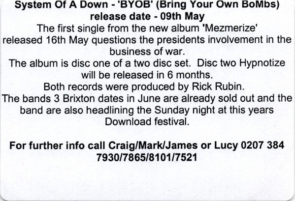 System Of A Down : B.Y.O.B.  (CDr, Single, Promo)