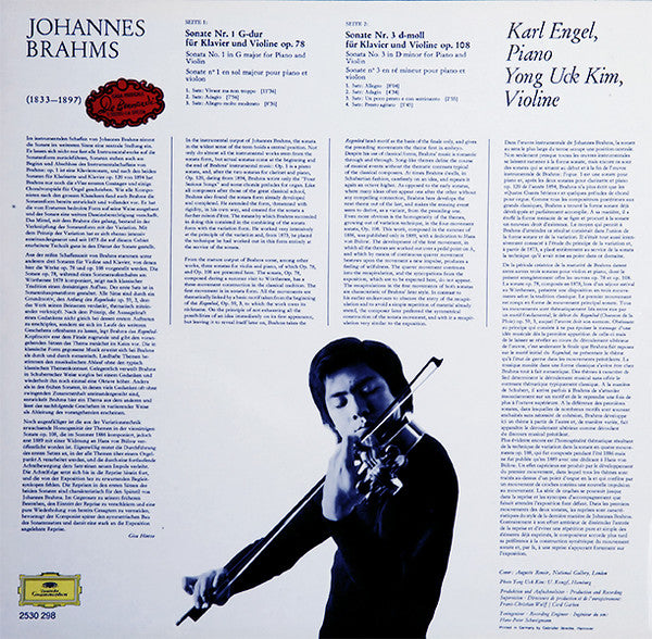 Johannes Brahms / Yong Uck Kim, Karl Engel : Violinsonaten • Violin Sonatas – Nr.1 Op.78 G-Dur • Nr.3 Op.108 D-Moll / No.1 Op.78 In G Major • No.3 Op.108 In D Minor (LP)