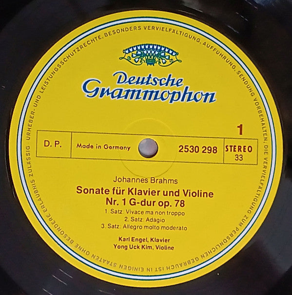 Johannes Brahms / Yong Uck Kim, Karl Engel : Violinsonaten • Violin Sonatas – Nr.1 Op.78 G-Dur • Nr.3 Op.108 D-Moll / No.1 Op.78 In G Major • No.3 Op.108 In D Minor (LP)